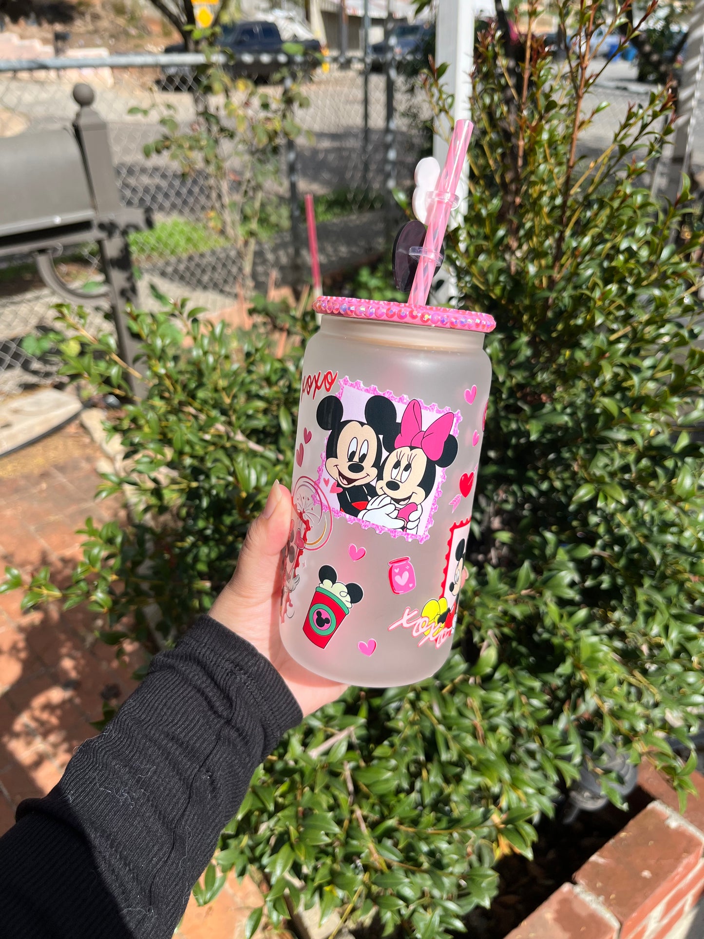 Minnie and Mickey  Glass Can