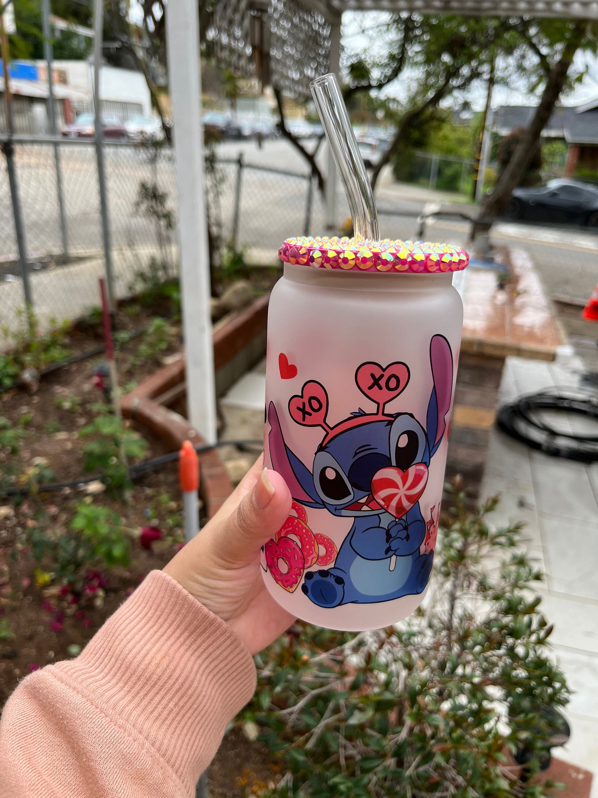 Valentine’s Day Stitch Glass Can