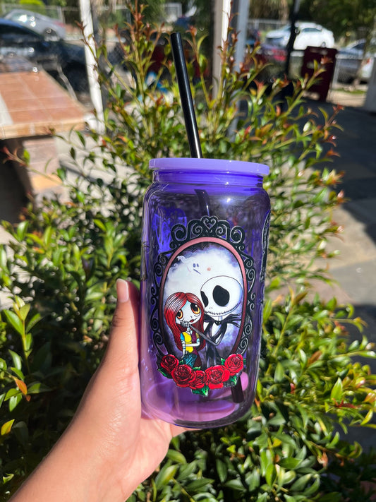 Jack Skellington and Sally Purple Glass Can