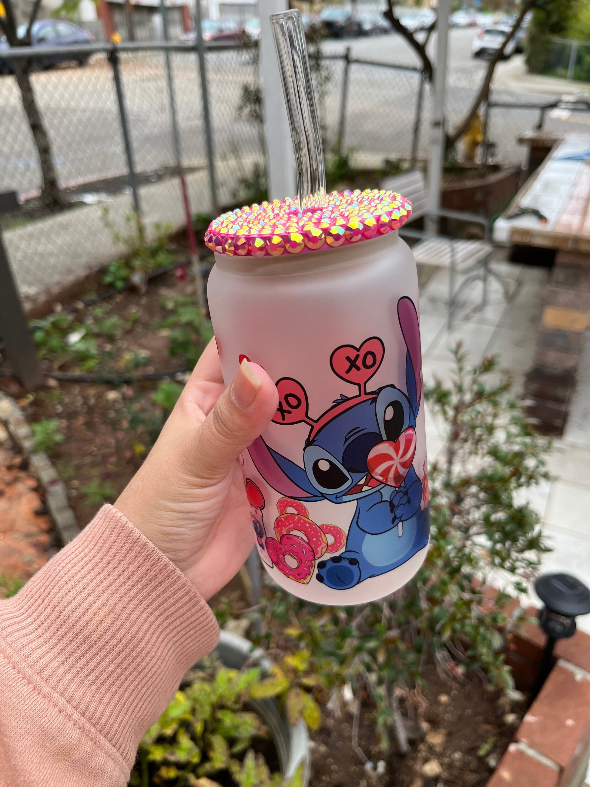 Valentine’s Day Stitch Glass Can