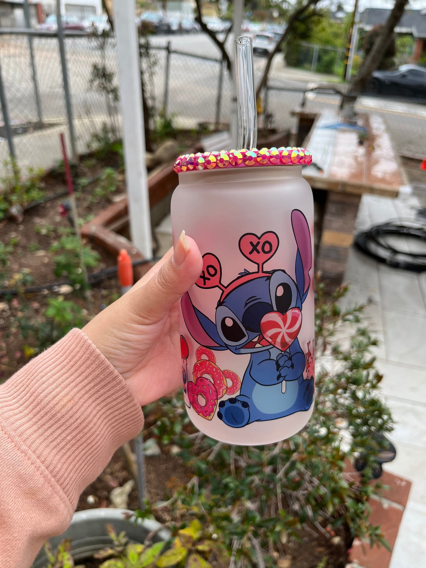 Valentine’s Day Stitch Glass Can