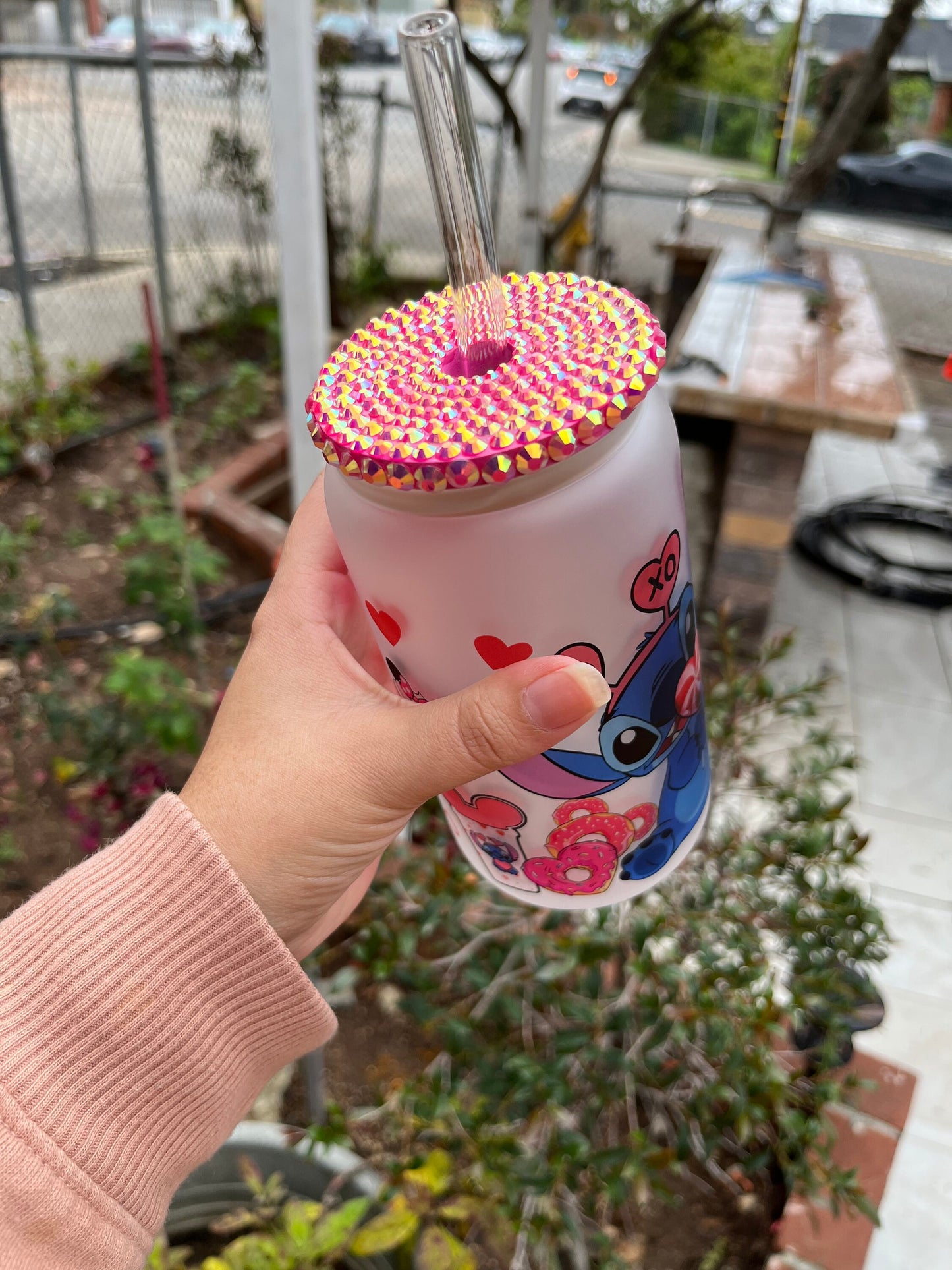 Valentine’s Day Stitch Glass Can