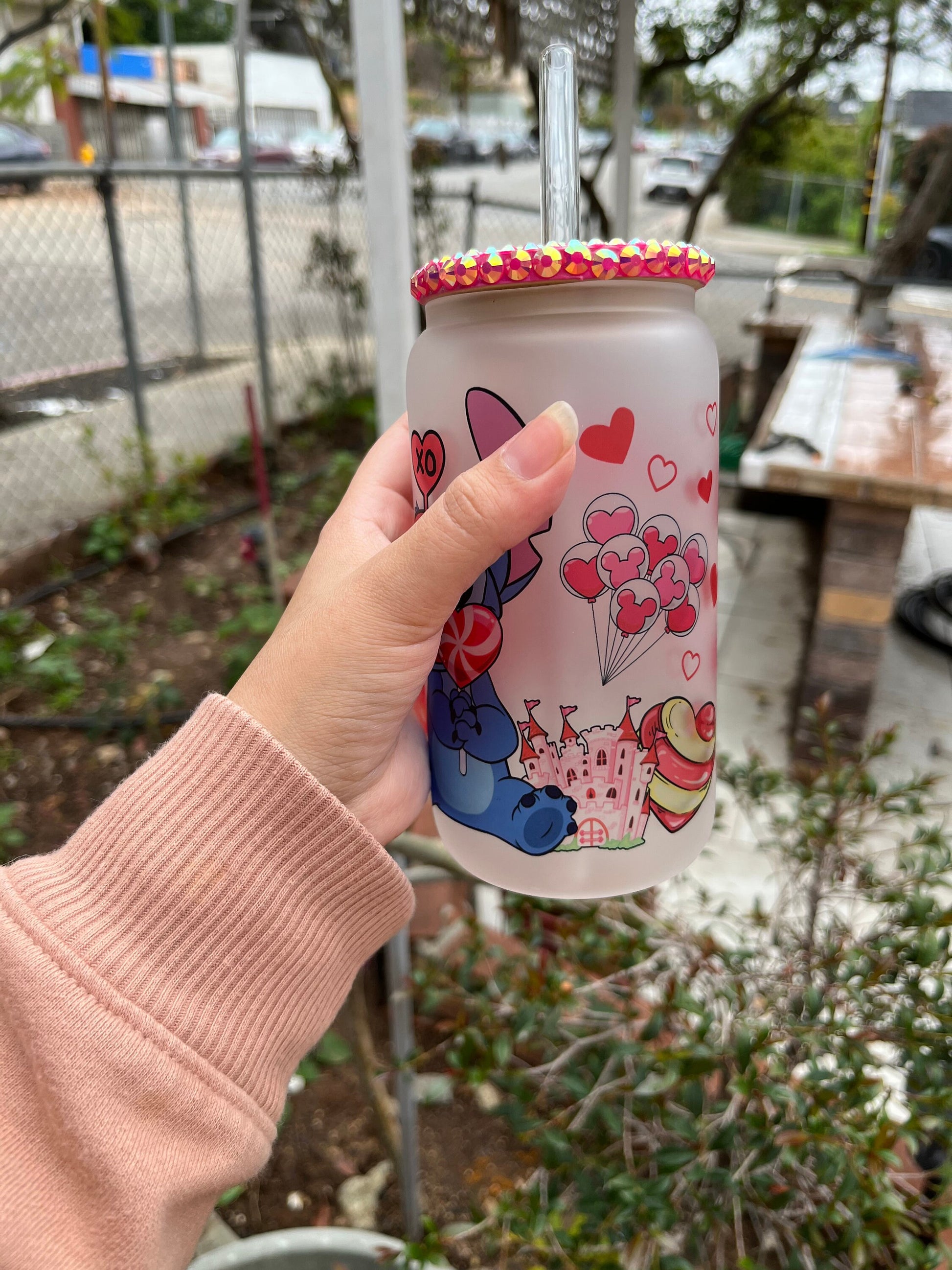 Valentine’s Day Stitch Glass Can