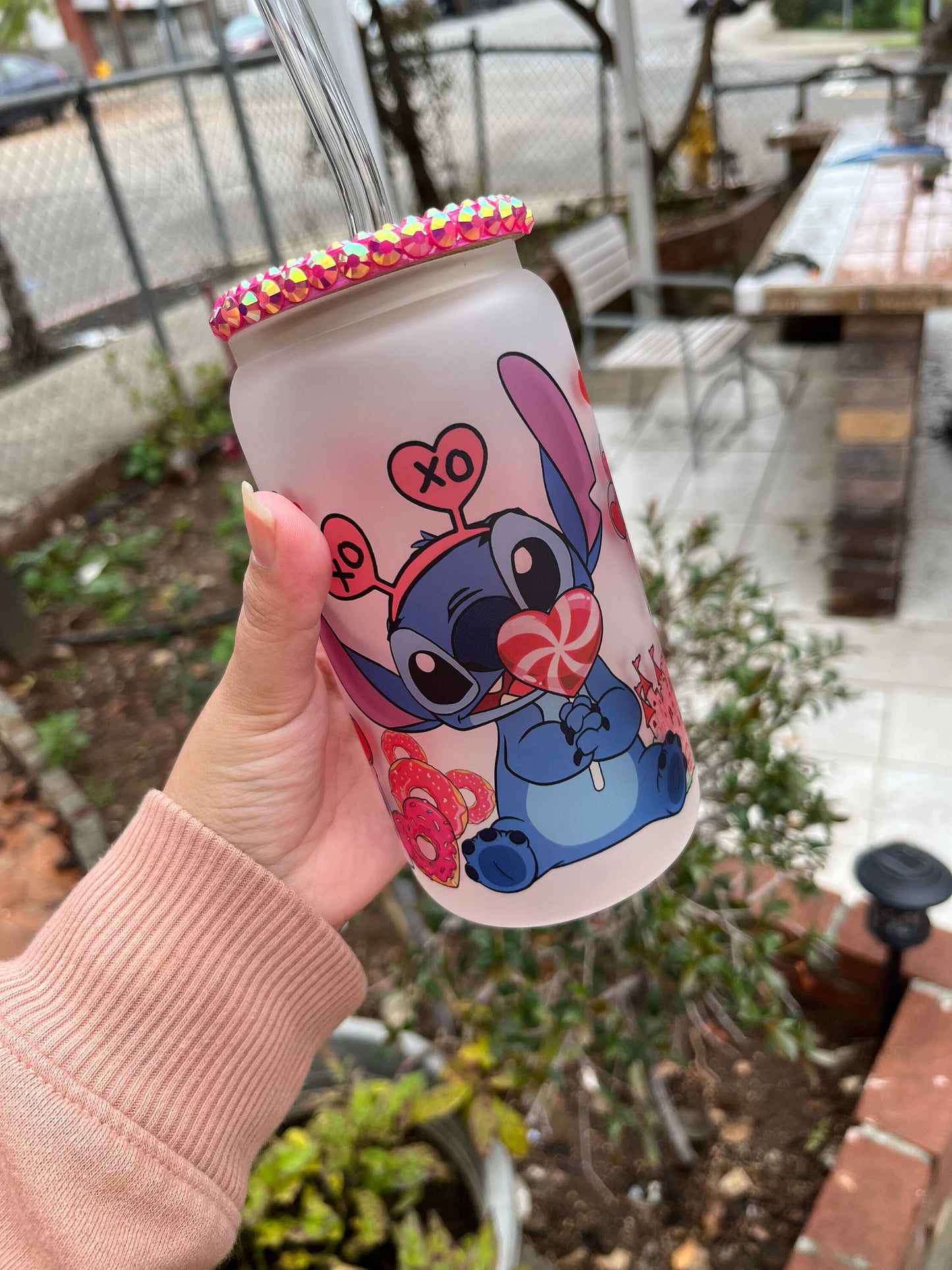 Valentine’s Day Stitch Glass Can