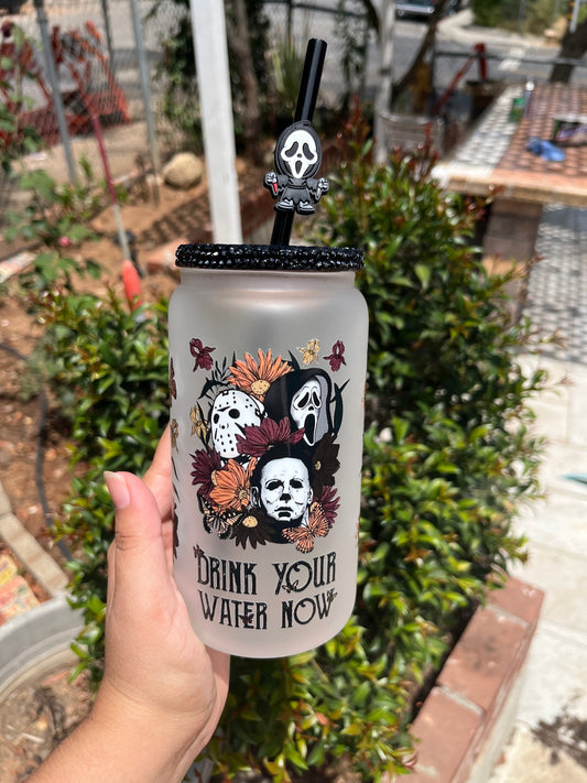 Horror Movie Floral Glass Can| Drink Your Water Glass Can