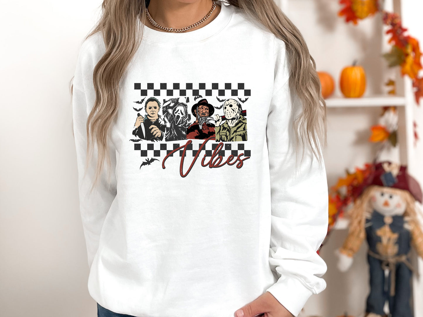 Horror Movie Characters Checkered Crewneck